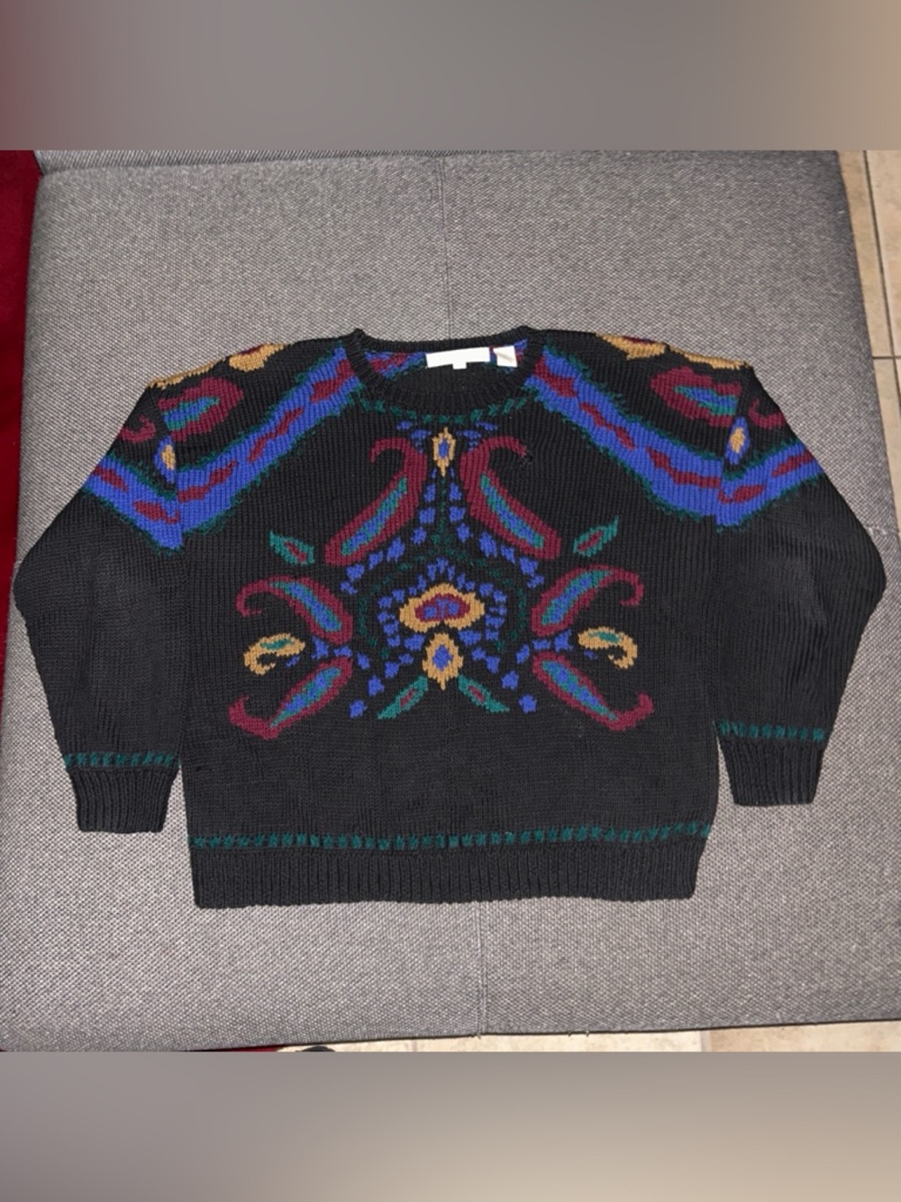 Rare 80s Perry Ellis Black Paisley Print Knit Sweater